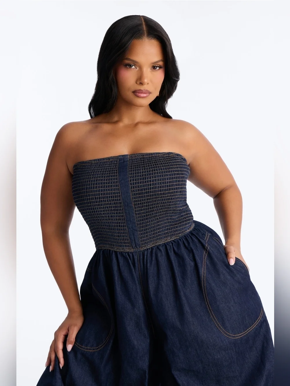 NEW Strapless Tubed Top Denim Jumpsuit ▪︎ Dark Blue ▪︎ Sz XL - Picture 5 of 14